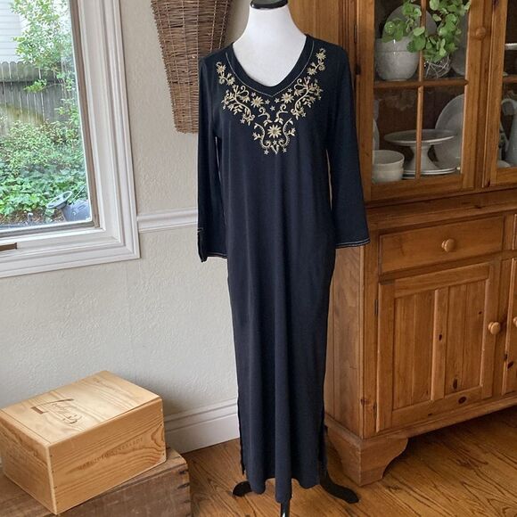 Charter Club Black Embroidered Maxi Dress 100% Cotton Women’s M - Picture 1 of 14